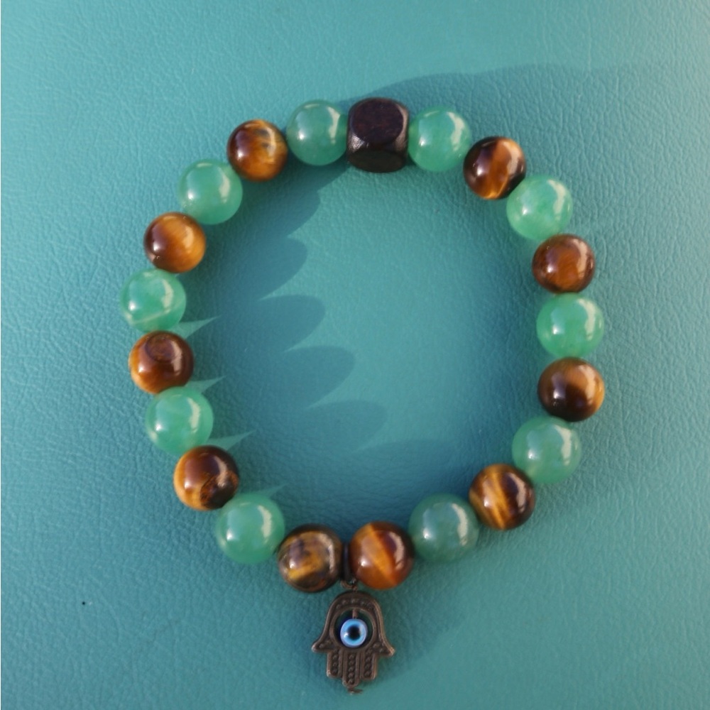 Tigers Eye & Aventurine Green and Brown Beaded Bracelet with Hamsa Charm